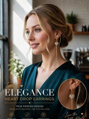 Elegant Gold Crystal Heart Drop Earrings | Long Tassel Dangle | Statement Jewelr